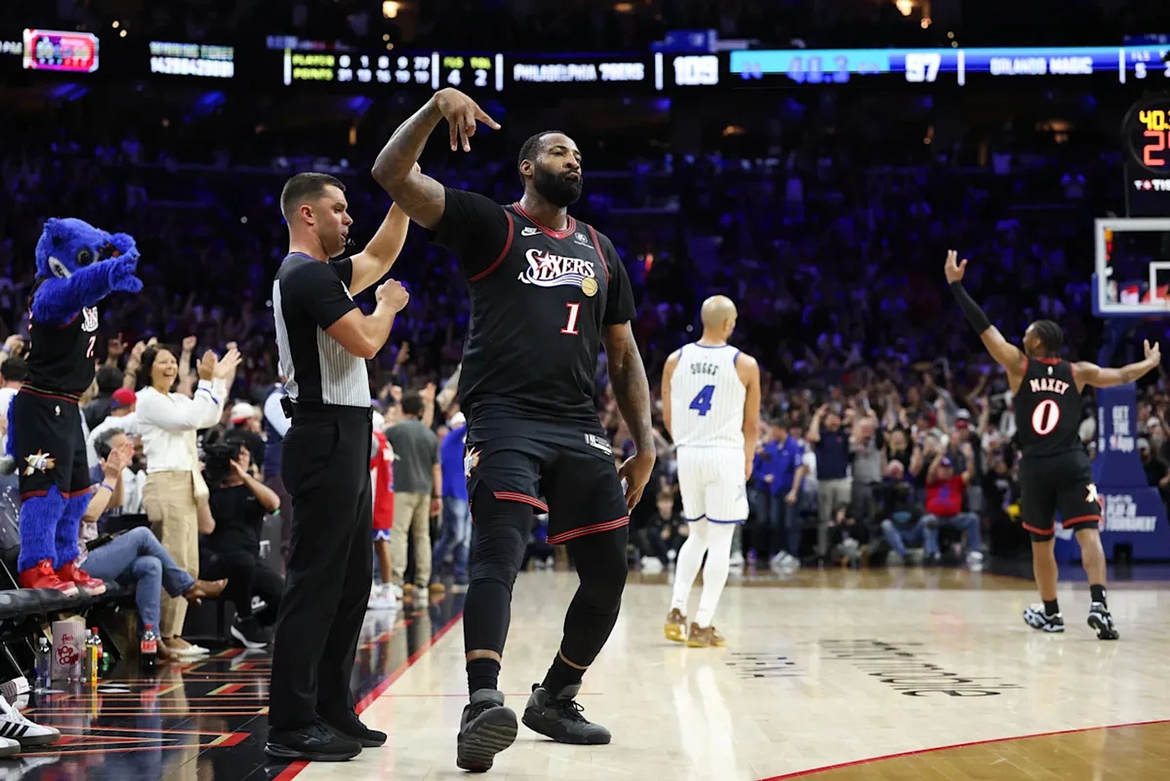 Sixers' Andre Drummond reacts to drilling dagger 3 in win over Magic