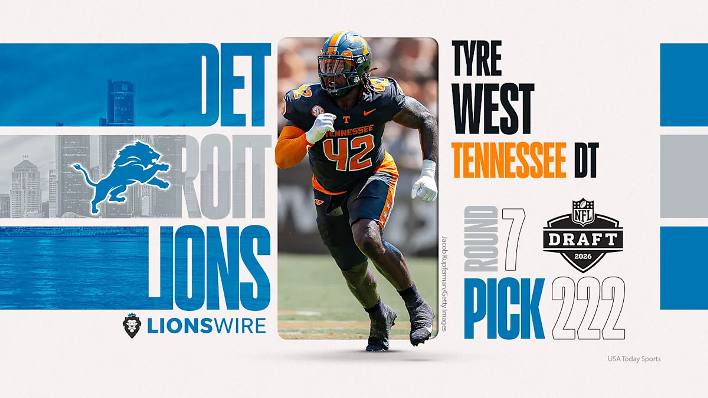 Detroit Lions select Tennessee DL Tyre West in 2026 NFL Draft