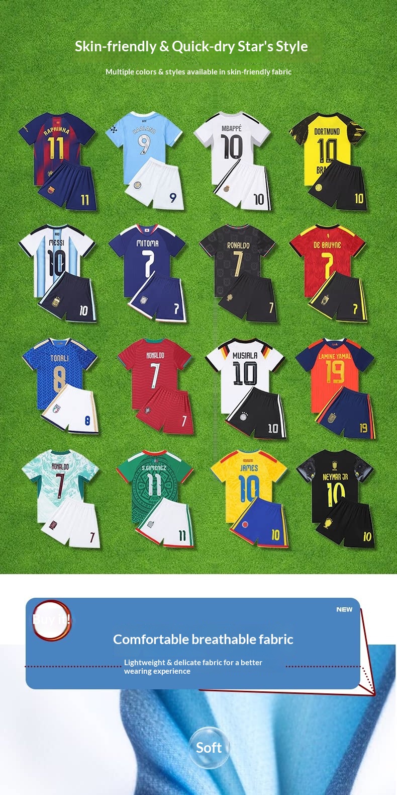 Argentina France Portugal Brazil Kids Football Jersey detail 4