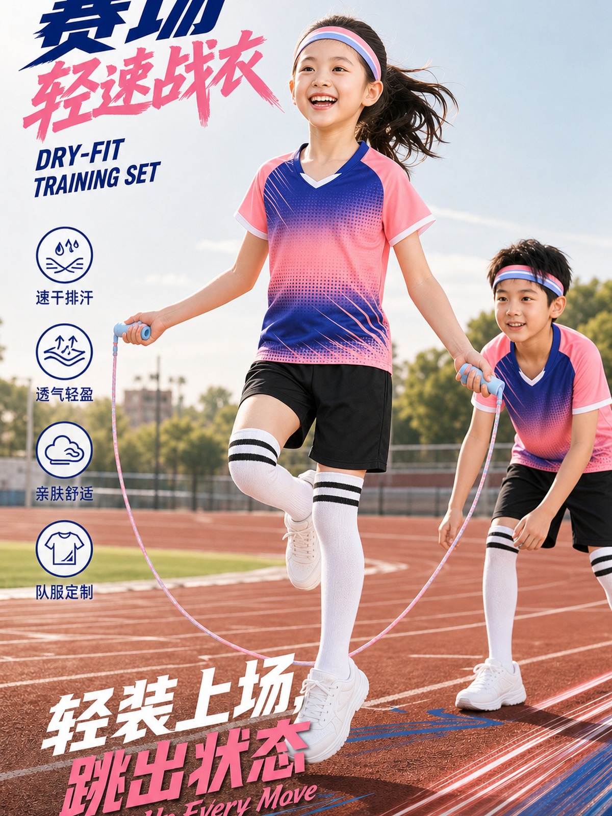 儿童花样跳绳训练服男女童运动跑步服速干小学生比赛服装队服定制